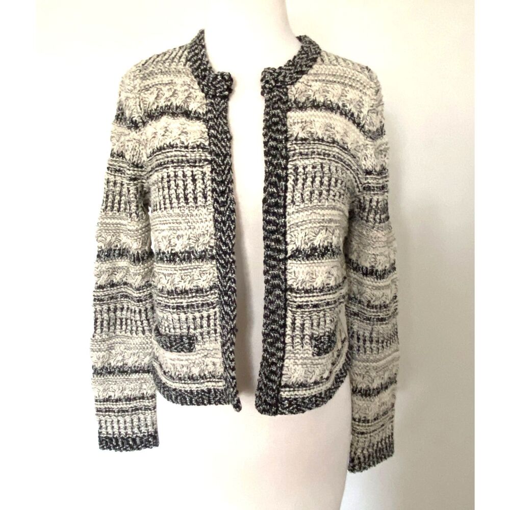 Chicos Cream Black Cropped Knit Cardigan Faux Pockets Open Front Sweater 0 (S)